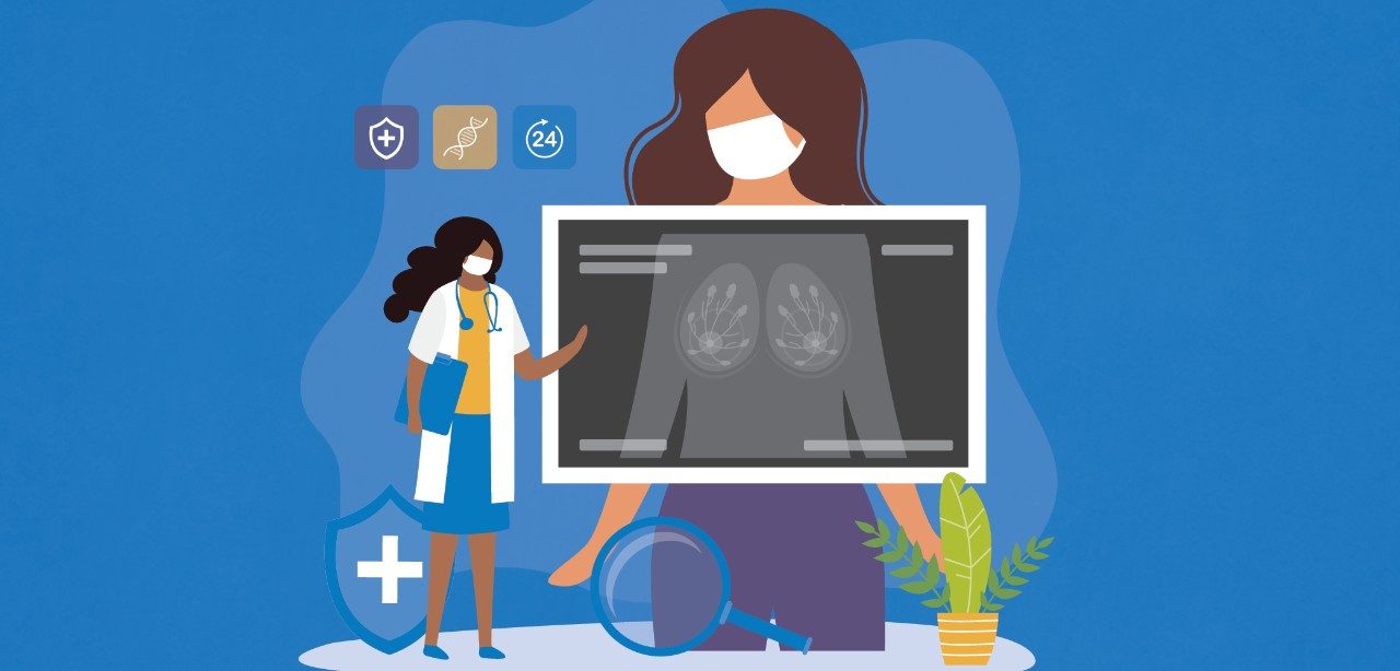 Illustration of female doctor looking at patient's chest Xray