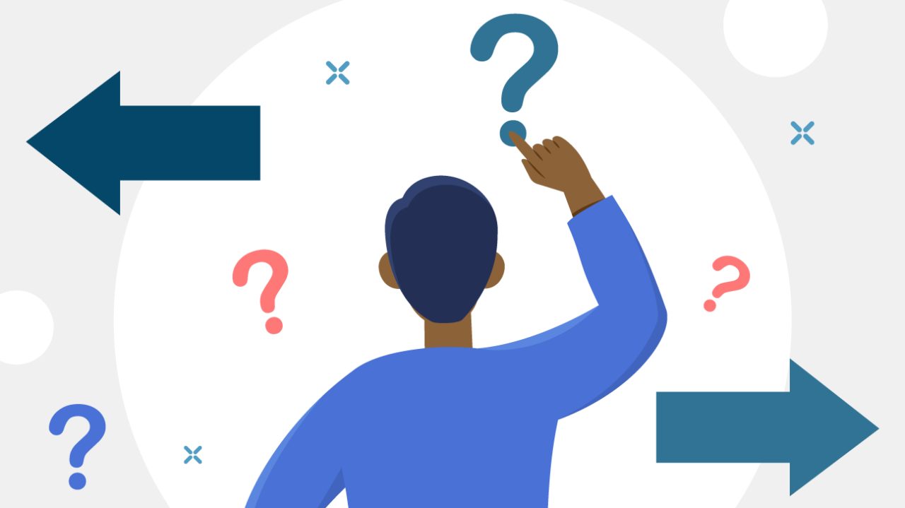 Illustration of confused person with floating question marks and arrows around them