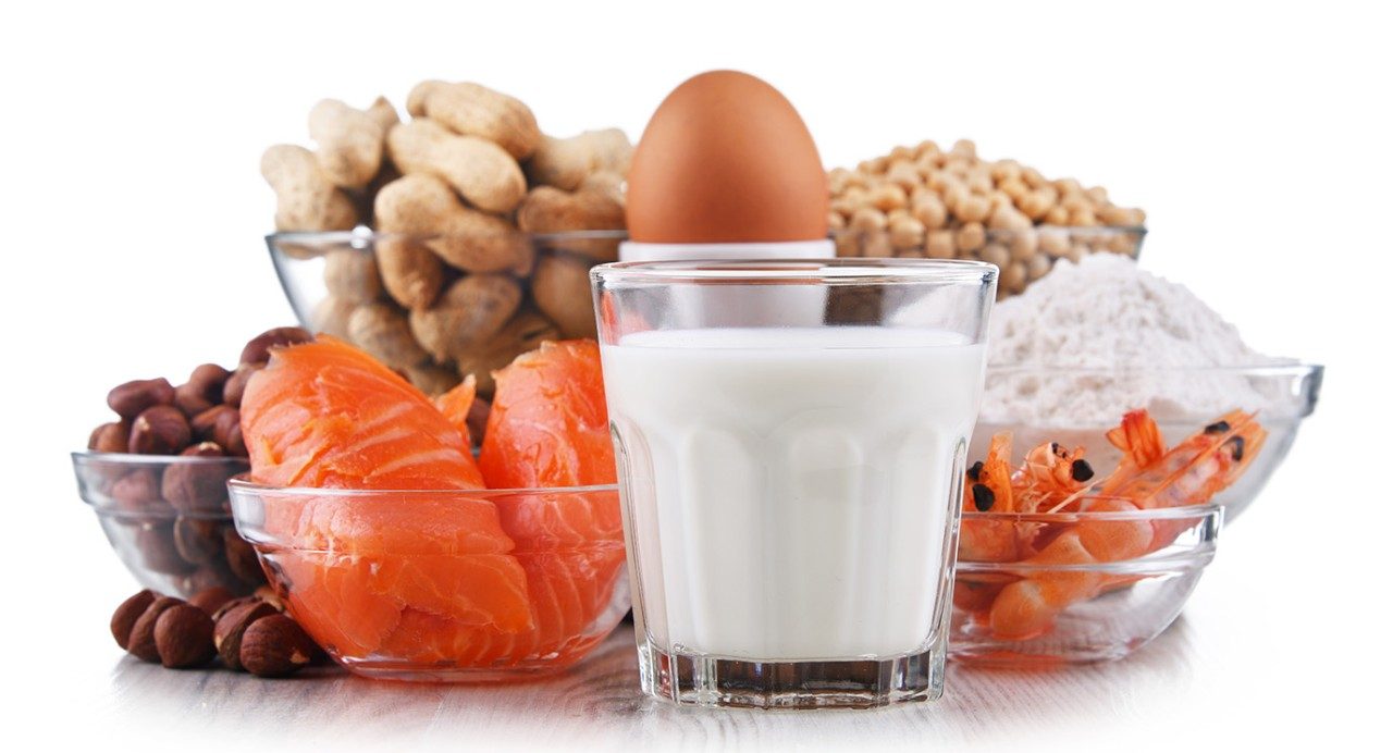 Zoomed in view of the "big 8" allergens in glass bowls and cups: milk, shellfish, eggs, fish, tree nuts, soy, legumes (peanuts), and wheat