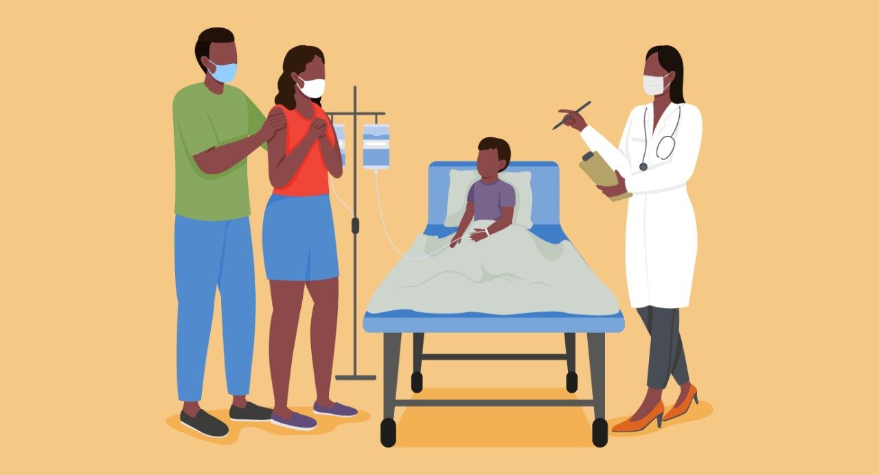 illustration of parents and doctor standing around hospital bed with child in it.
