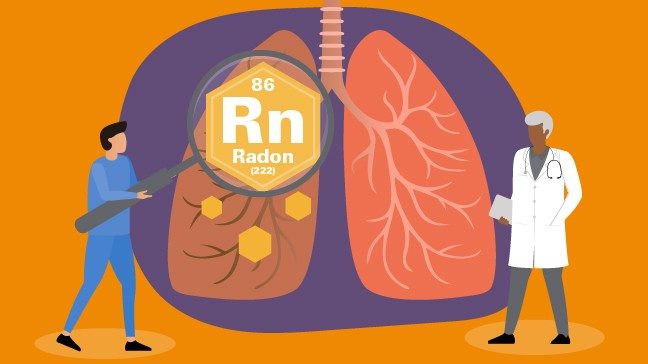 Illustration of teensy person and doctor in lab coat examining oversized lung X-ray with giant magnifying glass showing chemical symbol for radon