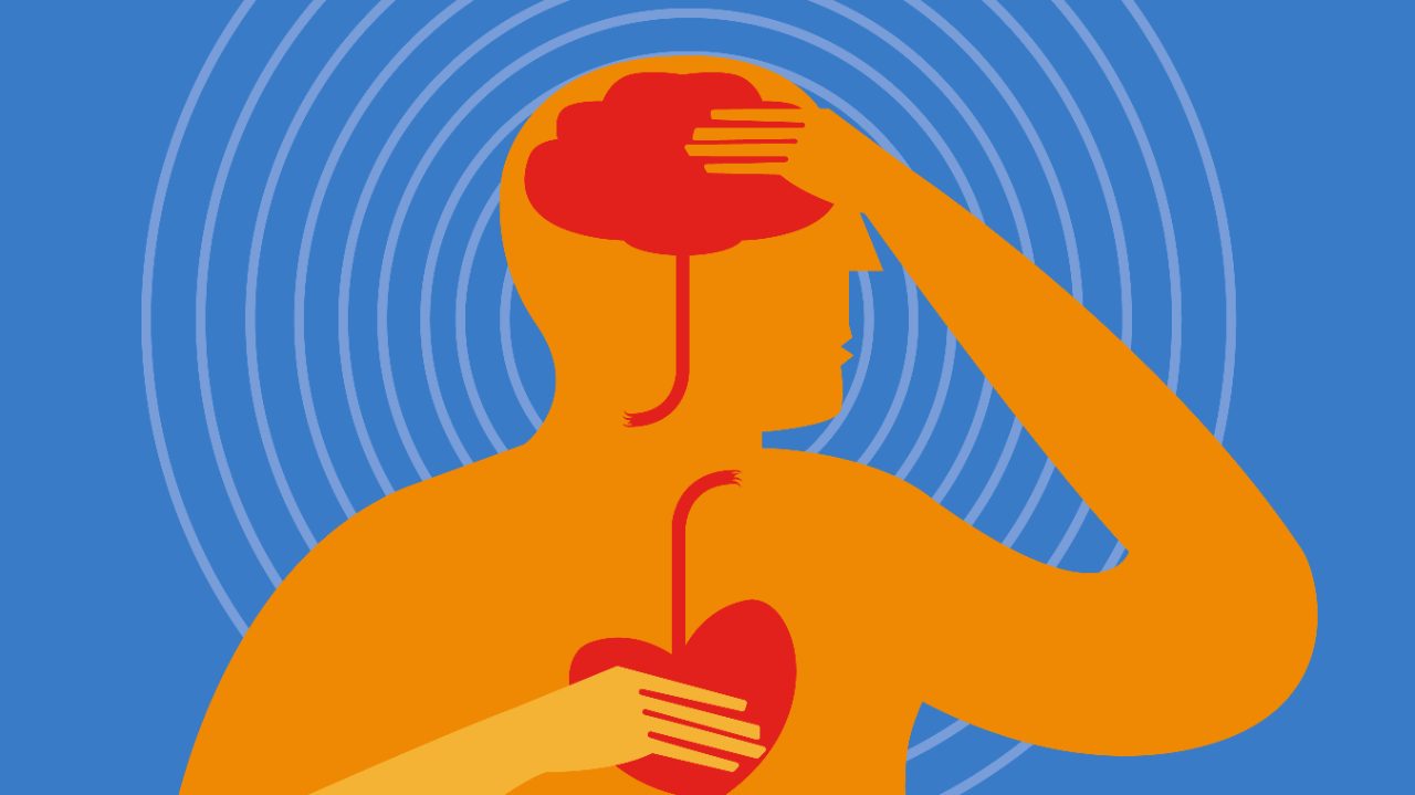 2D drawing of orange man holding head with brain highlighted in red against a blue background