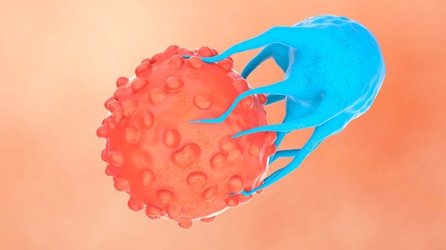 Graphic of cell therapy in orange and blue