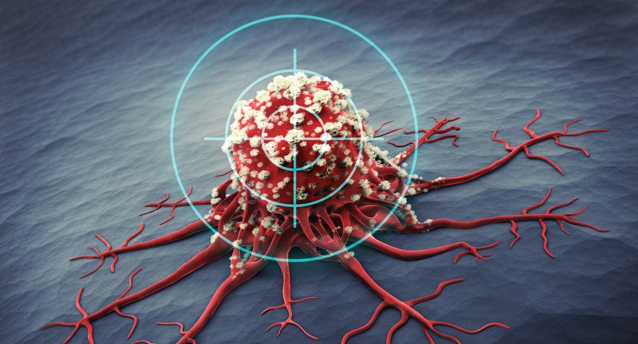 Medical illustration of a cancer cell with a light blue target stenciled over top