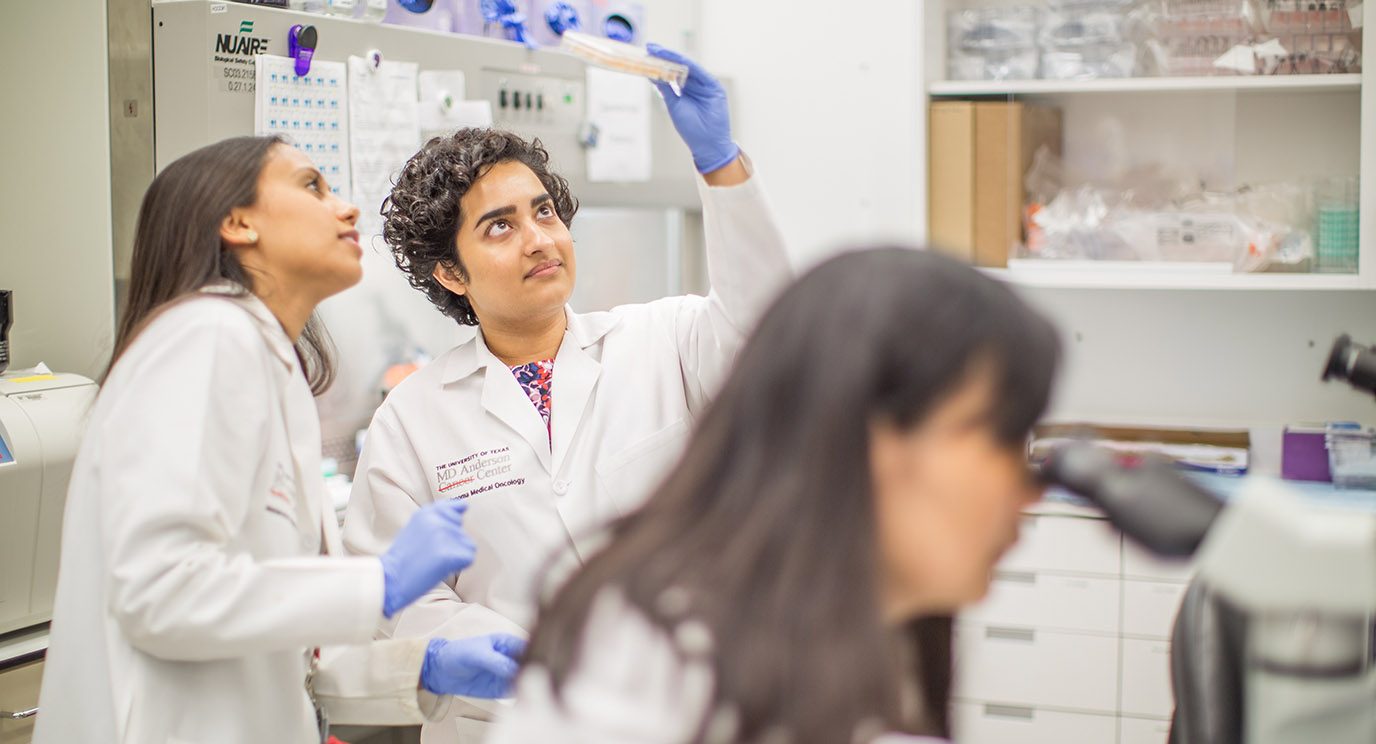 Natalie Miroballi and Farah Hasan examine T cells growing on a culture plate; Junmei Wang takes a closer look at T cells under a microscope