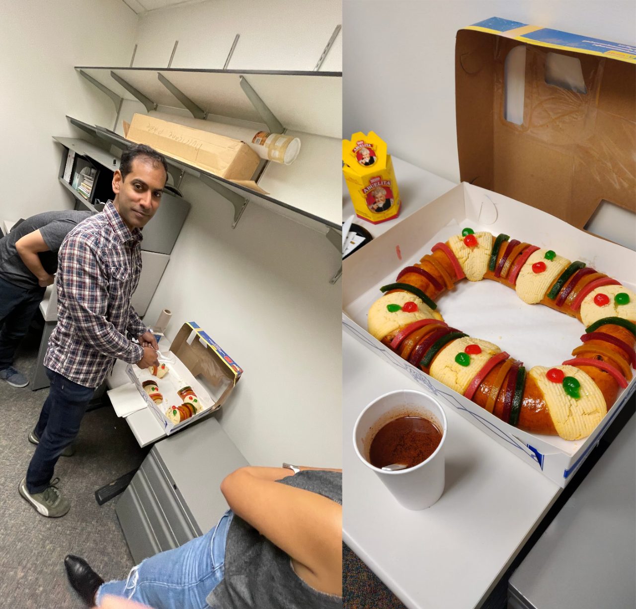 Left half of image shows man cutting into ring cake; right half of image is a close up of the cake