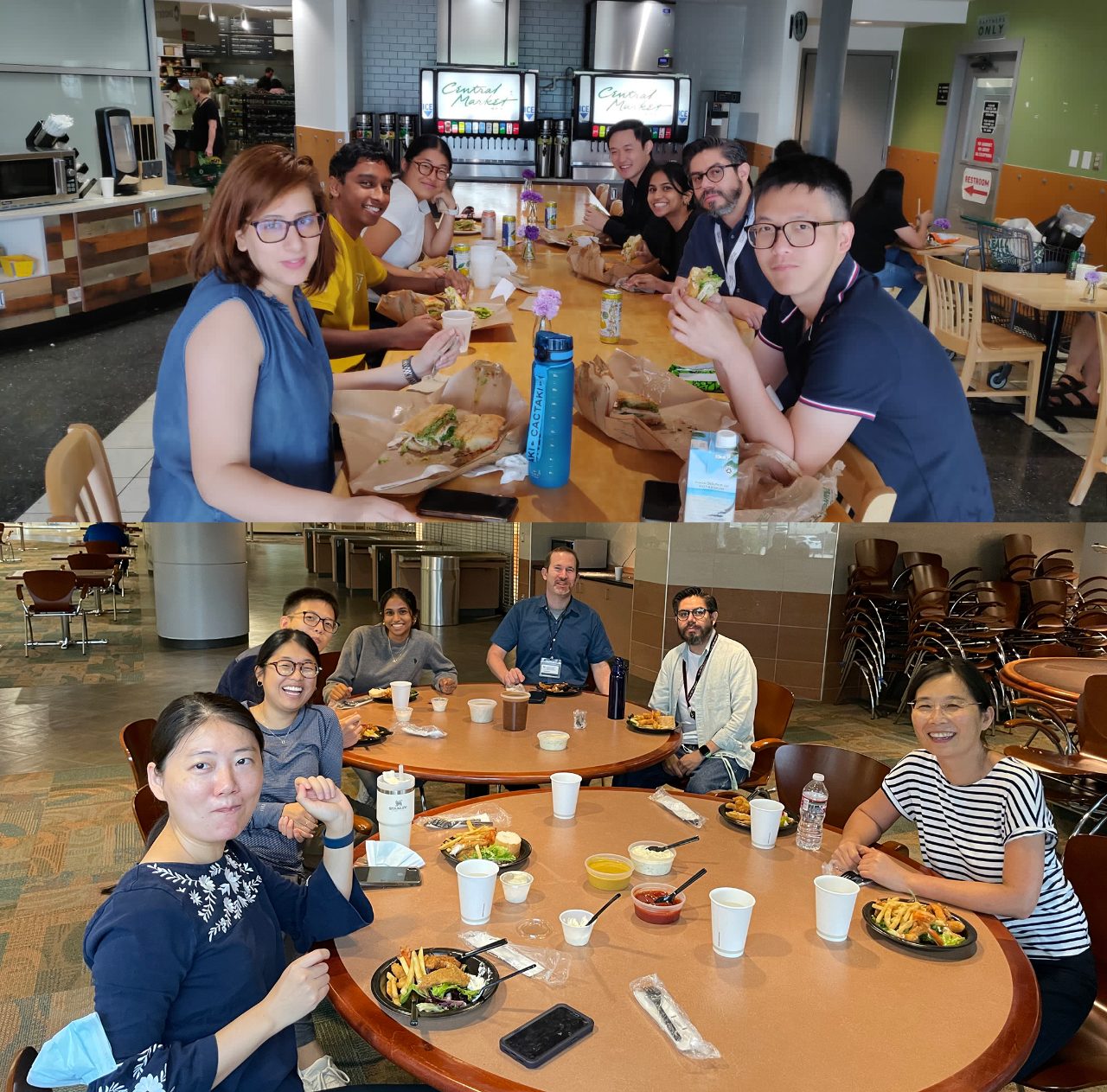 Two photos, one top and one bottom, with groups of people gathered around tables indoors, eating