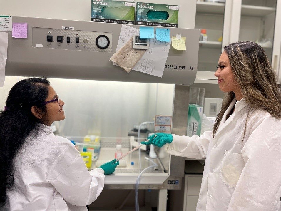 One woman passes another women a pipette in front of a hood in a wet lab. Both are wearing lab coats.
