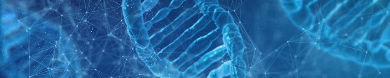 Blue graphic of a double helix